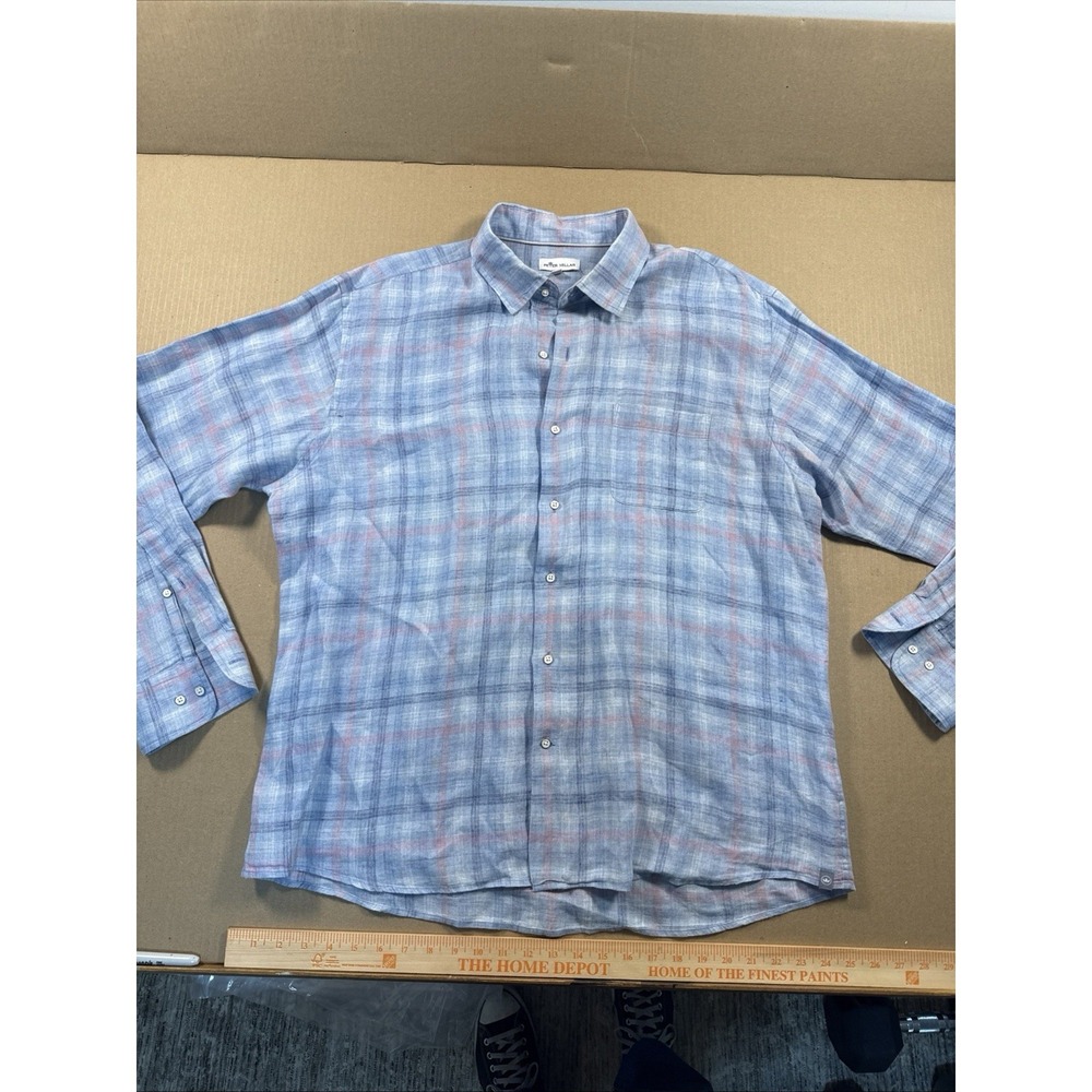 Peter Millar Shirt Mens 100% Linen Plaid Button Up Shirt XL Long Sleeves‎
